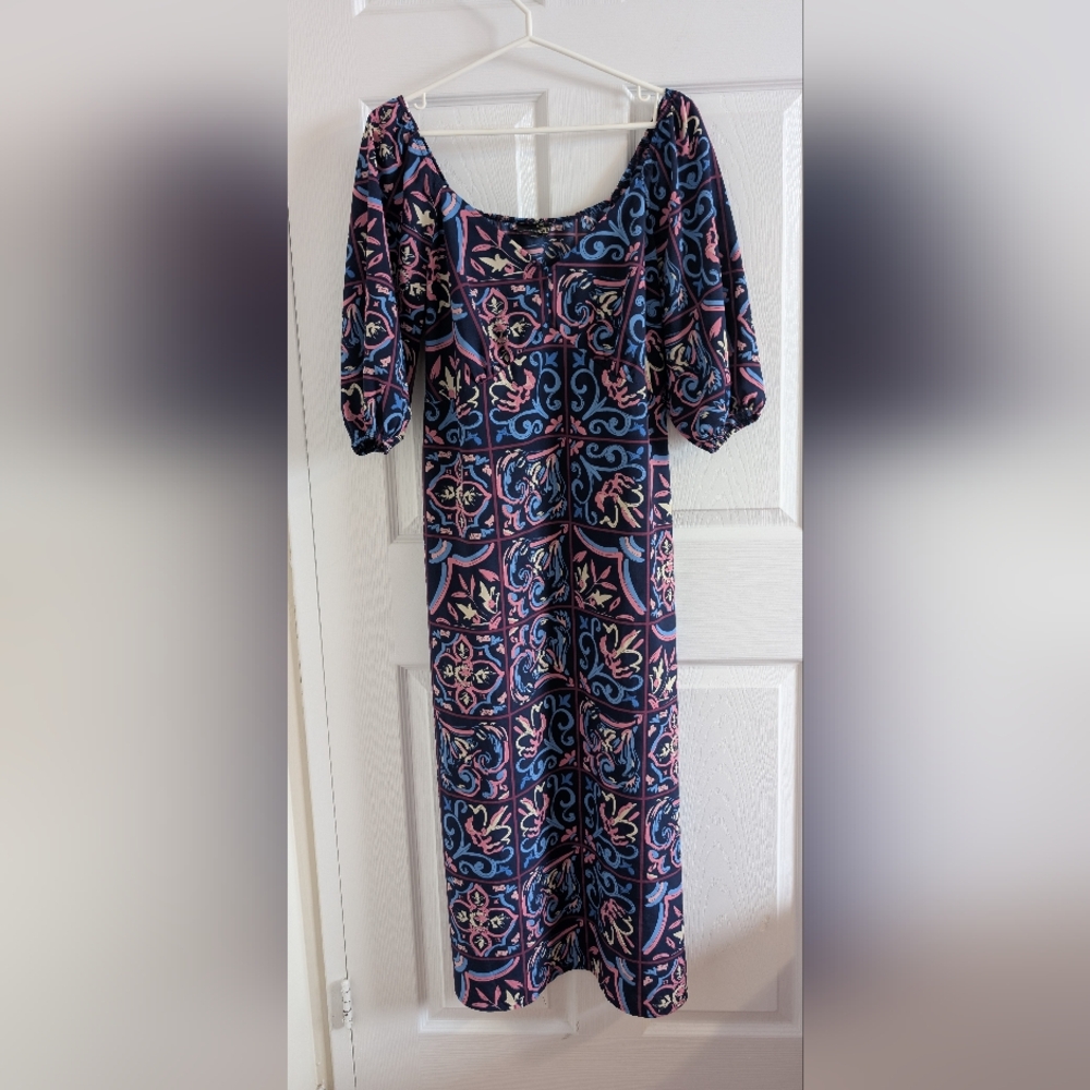 Suzanne Betro Floral Patterned Midi Dress Off Shoulder Peasant Romantic Boho L